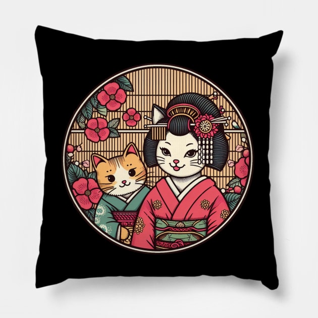 Japanese cat Ukiyo e cat mom Pillow by Japanese Fever