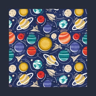 Paper space adventure I // pattern // navy blue background multicoloured solar system paper cut planets origami paper spaceships and rockets T-Shirt