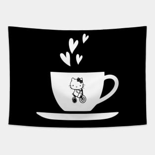 kitty rides a bike, Funny coffee cup, coffee lovers gift, coffee gift, coffee cozy, birthday, cafeteria’s stickers, fashion Design, restaurants and laptop stickers, lovely coffee cup with Kitty cat inside Tapestry