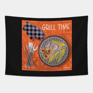 Grill Time on Orange Background Tapestry