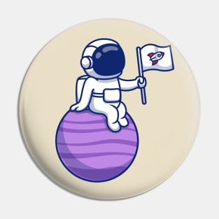 Cute Astronaut Sitting On Planet Holding Flag Pin