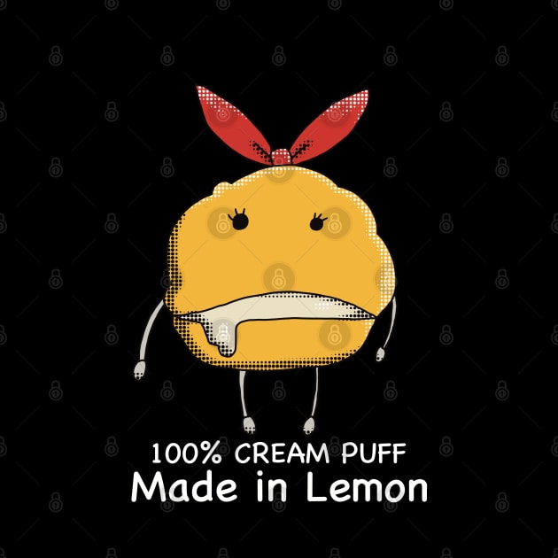 Mashle Anime 100% Made in Lemon Irvine Cream Puff Plush Lucky Charm given to Mash Burnedead in episode 8 in Pop Art Style Black and White Text by Animangapoi