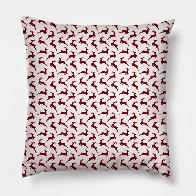 Dark Christmas Candy Apple Red Leaping Reindeer on White Pillow by podartist
