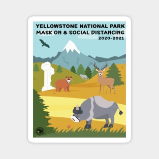 Mak On and Social Distance at Yellowstone National Park - illustration - square Magnet