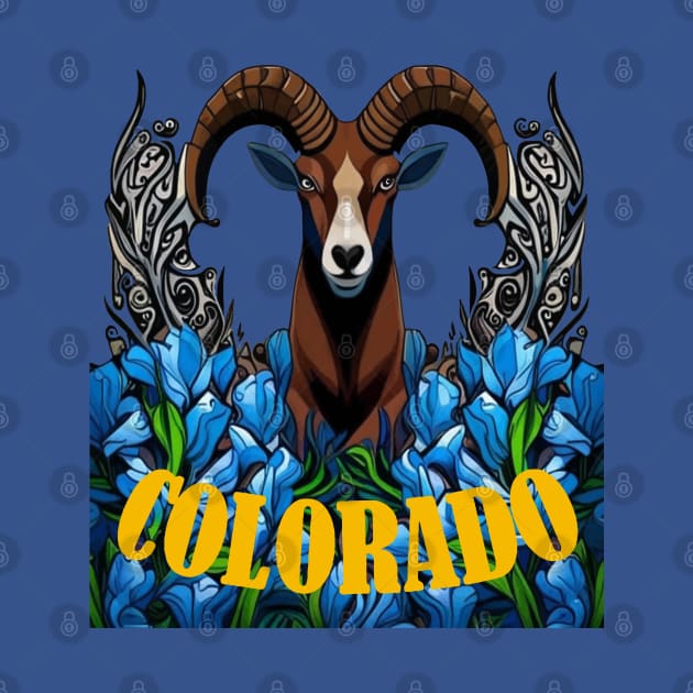 Colorado Bighorn Sheep With Blue Columbine Flowers by taiche