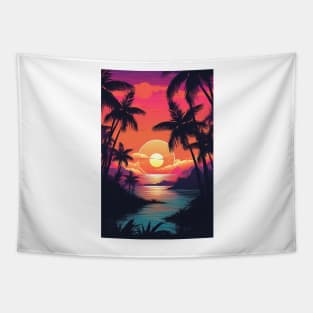 Illustration of an 80s Synthwave retro sunset with palm trees on the beach Tapestry