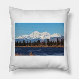 Mount Denali and Lake Vector Painting Pillow