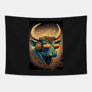 Psychedelic bull with headphones and sunglasses Tapestry