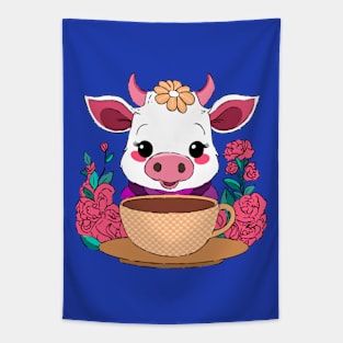 Cow Drinking Coffee Tapestry