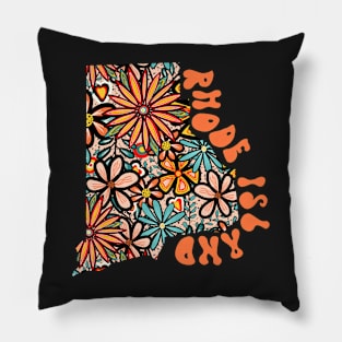 Rhode Island State Design | Artist Designed Illustration Featuring Rhode Island State Filled With Retro Flowers with Retro Hand-Lettering Pillow