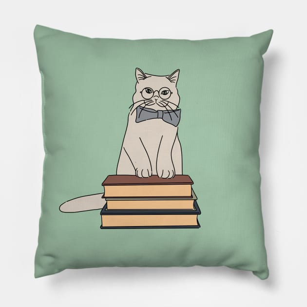 cute cat with spectacles and books digital illustration Pillow by LanaReen