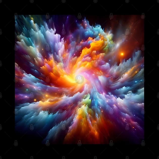 A vibrant explosion of colors swirling together in a cosmic dance, representing the birth of a new galaxy. by maricetak