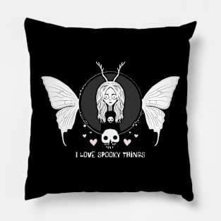 I love spooky things moth skull girl illustration Pillow