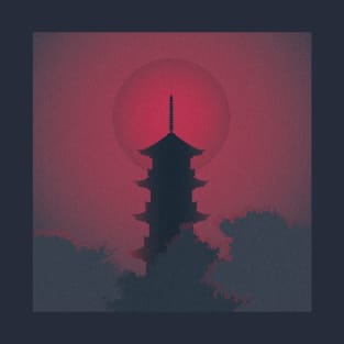 Japanese Pagoda Red Sun Landscape Illustration T-Shirt