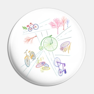 Bikes, streets, tires, trees in a simple design of pastel colors.  Car, share the road. Pin