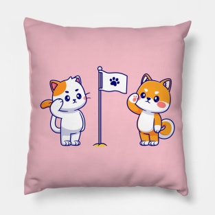 Cute Cat and Cute Shiba Inu Respect Paw Flag Cartoon Pillow