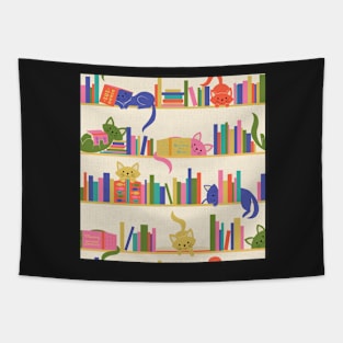 Cozy Cats and Books in Bright, Vintage Colors Tapestry