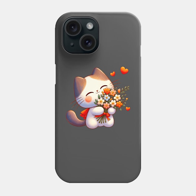 Adorable Love Cat T-Shirt, Happy Kitten with Flowers Tee, Cute Feline Embracing Bouquet Top, Heartwarming Cat Lover Shirt Phone Case by Sarus Design Art