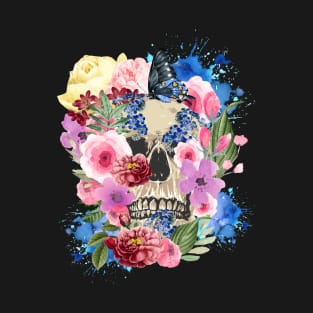 Skull With Flowers - Flowery Bloom Skull Art T-Shirt