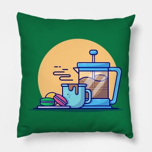 Hot Coffee With Teapot And Macaroon Cartoon Vector Icon Illustration Pillow