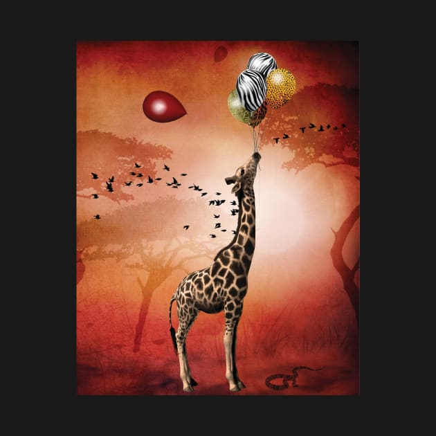 The Giraffe Travels Through Africa With Her Animal Skin Balloons by Taluula