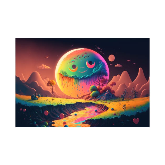 Spooky Smiling Moon Mountainscape - Psychedelic Landscape - Paint Dripping 3D Illustration - Colorful Haunted Nature Scene by JensenArtCo