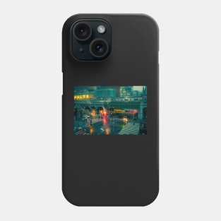 Rainy night in Neo Tokyo Matrix vibe with green and orange light reflection Phone Case