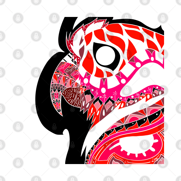 red pink parrot ecopop guacamaya bird in mexican pattern art by jorge_lebeau