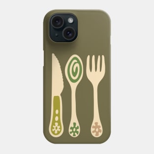 CUTLERY Retro Vintage Kitchen Utensils Knife Spoon Fork in Olive Brown and Green - UnBlink Studio by Jackie Tahara Phone Case