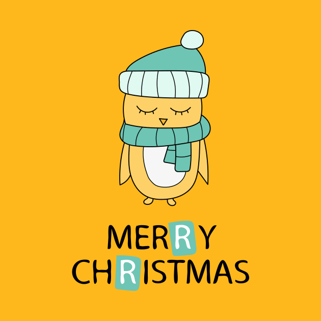 Merry Christmas greeting card with yellow chicken in scarf by Natali_Brill