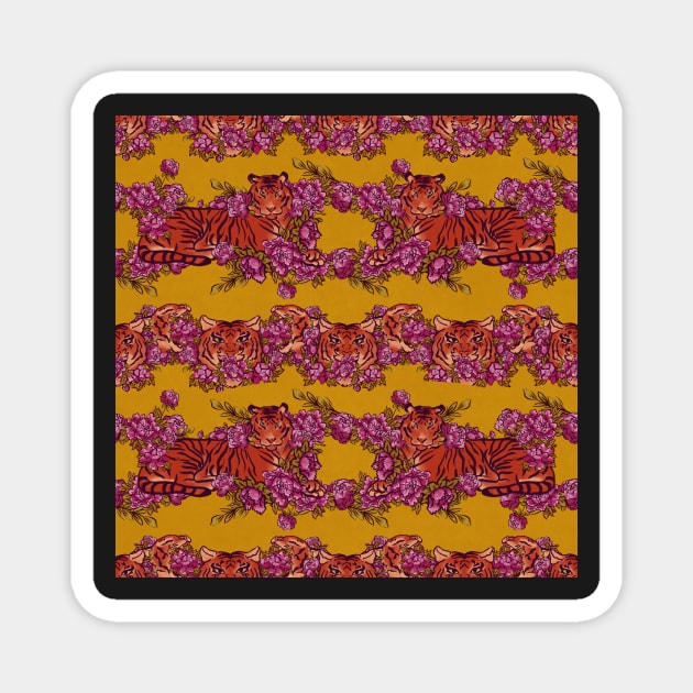 Sophisticated pattern with tiger on chartreuse Magnet by ArtInPi