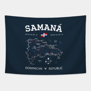 Dominican Republic Flag Travel Map Samana Coordinates Roads Rivers and Oceans White Tapestry