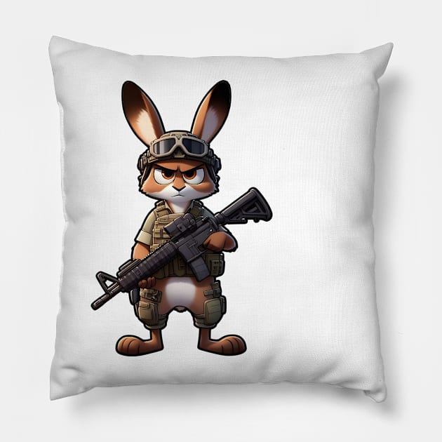 Tactical Rabbit Pillow by Rawlifegraphic