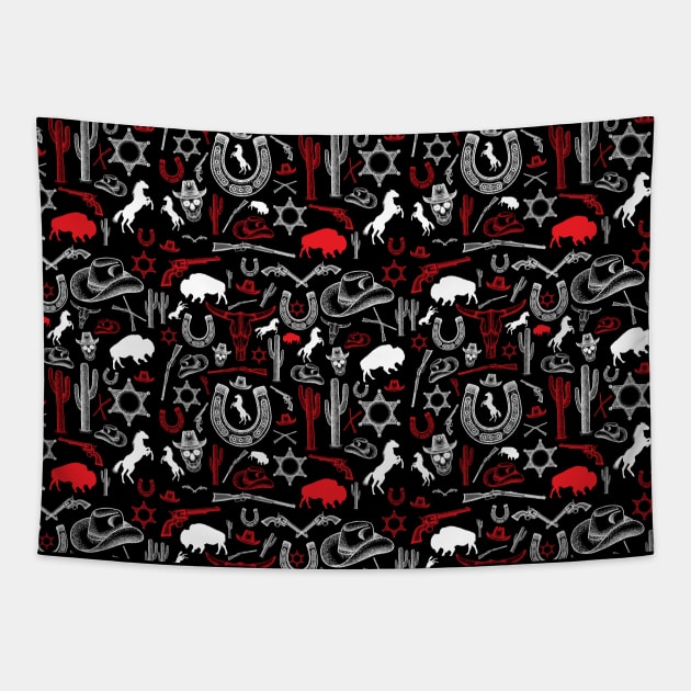 Cowboy wild west western pattern vintage style red - white Tapestry by emmjott