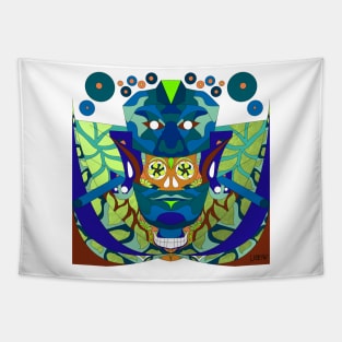 jade mask of the reina roja the red queen in mexican patterns in mayan ecopop art Tapestry