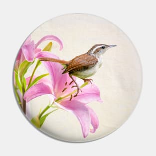 Pink Lilies and the Carolina Wren Pin