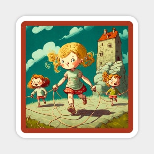 Cartoon image of young girls playing jump rope. Magnet