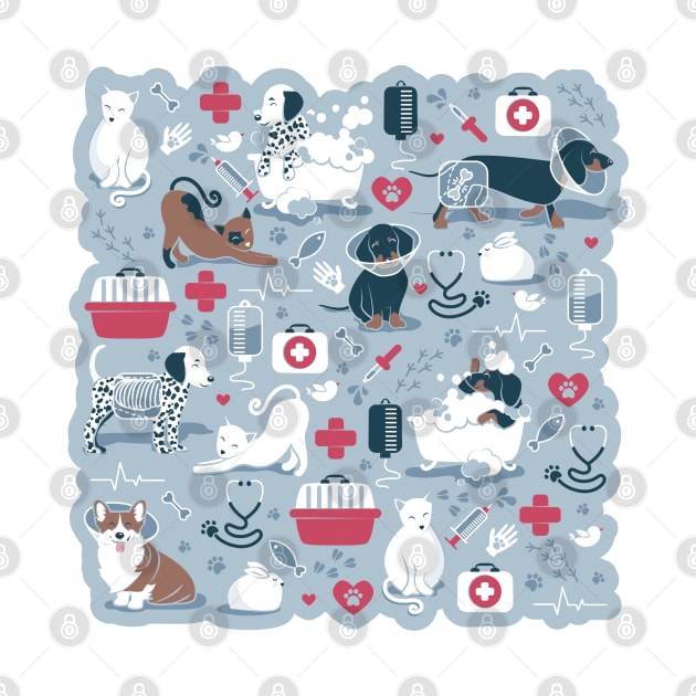 Veterinary medicine, happy and healthy friends // pastel blue background red details navy blue white and brown cats dogs and other animals by SelmaCardoso