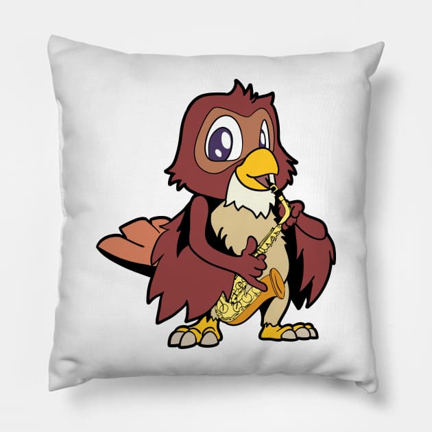 Cartoon owl playing saxophone Pillow by Modern Medieval Design