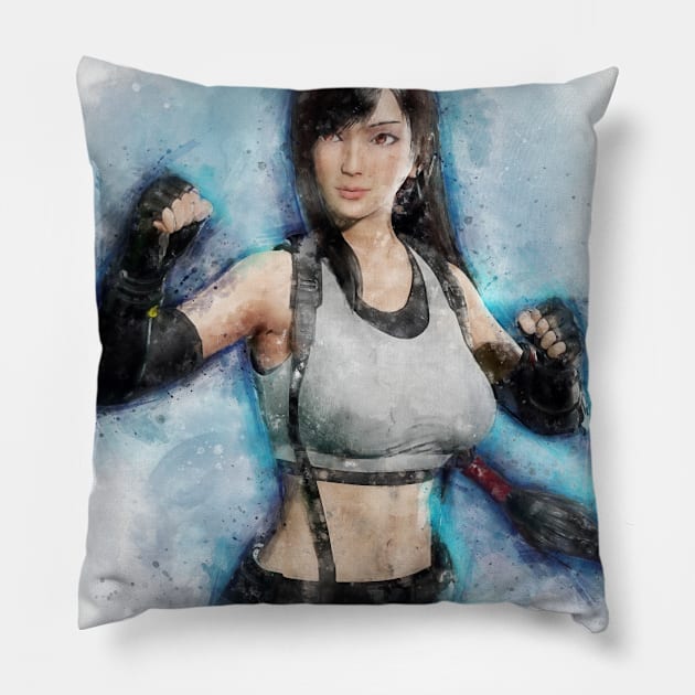 Tifa Lockhart FF VII watercolor Pillow by PetsArt