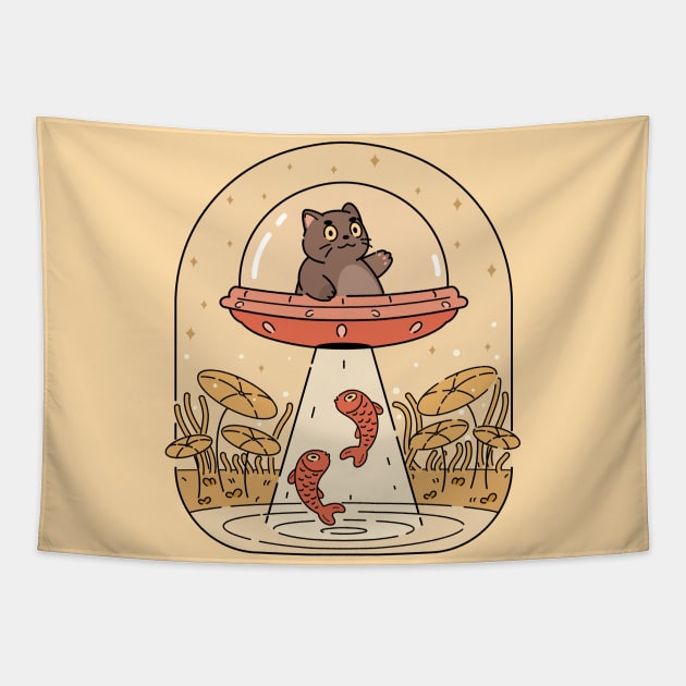 The Purrfect Alien Cat | Yellow Tapestry by ModesaDraw