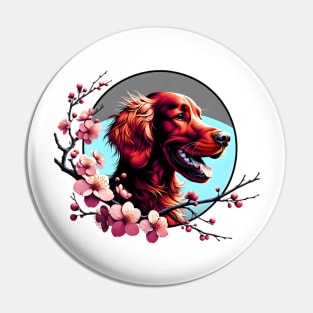 Joyful Irish Setter Amidst Spring Cherry Blossoms Pin