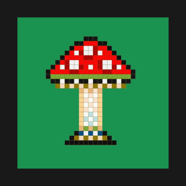 Red Fly Amanita Mushroom On Green Background by CozyPixelFluff