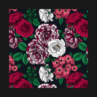 Red, white and bi-color roses with green leaves on black T-Shirt