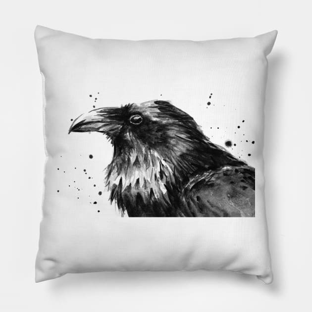 Raven Watercolor Pillow by Olechka