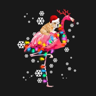 Bulldog riding Flamingo Christmas T-Shirt