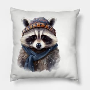 Raccoon in a warm hat and knitted scarf winter Pillow