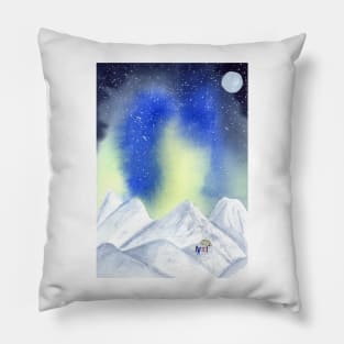 Camping in the Mountains with Northern Lights Watercolor Art Pillow