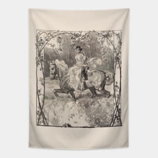 Horse Riding in The Rose Garden Vintage Illustration Tapestry