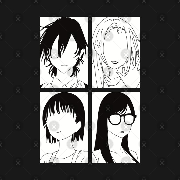 Summertime Render or Summer Time Rendering All Anime Characters in Black and White Minimalist 4 Panels Pop Art Design by Animangapoi